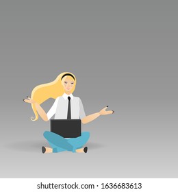 Working woman sitting on the floor wo, freelance successful job. Female  manager at a remote job, online assistant at work, promotion in the network. Cute cartoon vector illustration for web and print