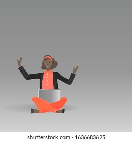 Working woman sitting on the floor wo, freelance successful job. Female  manager at a remote job, online assistant at work, promotion in the network. Cute cartoon vector illustration for web and print