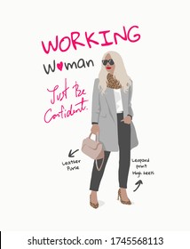 working woman slogan with cartoon girl in working fashion style illustration