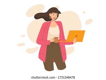 Working woman standing and holding coffee cup and computer laptop. Concept of working at modern office, professional worker, business woman, young female success in business. Flat vector illustration.