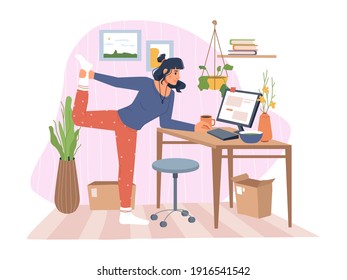 Working woman stretching and typing in laptop, lady doing exercise while completing tasks on computer. Home office of personage, flowers and decoration. Cartoon characters, vector in flat style