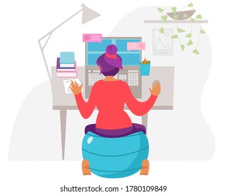 Working woman, take care about her health. Fitball for computer working. Flat vector illustration. Project manager making her business.