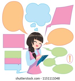 A working woman talk to telephone and have speech balloon. Use for presentation, illustration, advertising.