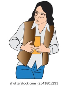 Uma trabalhadora vestindo algo na jaqueta. Ilustração em cores e formato vetorial.  
