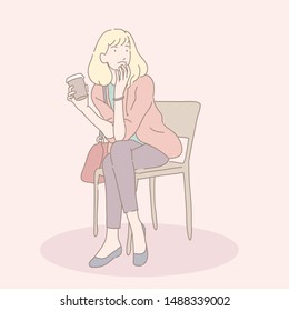working woman waiting with coffee cup hand drawn style vector doodle design illustrations.