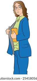 A working woman wearing glasses is tucking something into her jacket. Illustration in colors and vector format.  