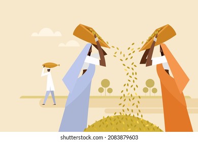 Working women in agricultural farms winnowing the grains after harvest