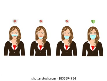 Las mujeres trabajadoras comparan la forma equivocada y correcta de usar máscaras.ilustración vectorial.