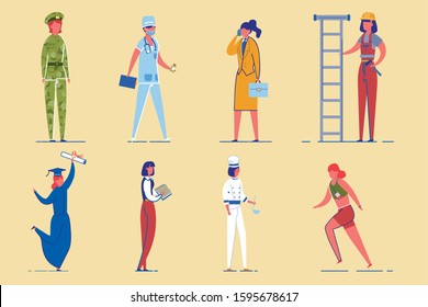 Working Women Diverse Professions and Occupations Characters Set. Girls Power and Gender Equality. Military, Sport, Education and Restaurant Staff Female Employees. Flat Vector Illustration Isolated.