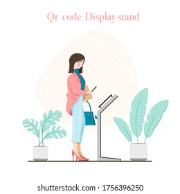 Working women holding a smartphone that is scanning the code on the qr code display stand. Vector illustration