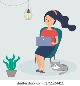 Working women at home Through a notebook computer to prevent virus infection, Covid-19, remote operation, visual style, independent conceptual style, flat style
