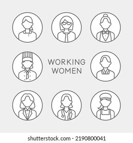 Working women icon set drawn with simple line drawings