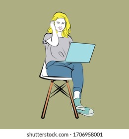 Working women sitting on chair with laptop, Student learning from home, Work from home concept