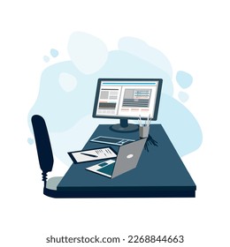 A working wooden table with a laptop, working papers, a glass with pens. Workspace in the office and at home. Vector illustration in a simple style.