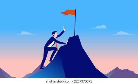 Working your way up - Businessman climbing up mountain trying to reach the goal on top. Motivational concept, flat design vector illustration