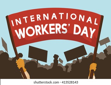 Workingmen demanding labor rights with banners and marching on Workers' Day celebration.
