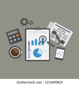 Working,researching,Management,planning,business analyze,office stuff,data review, on table top view design including chart pie review,document review,cup of coffee,news,mobile,calculator,pen items 