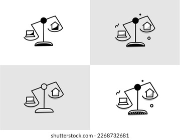 Work-Life Balance. A balancing scale with a laptop on the left side, and a home on the right side.