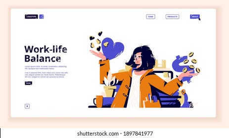 Work-life balance banner. Concept of harmony and wellbeing, comparison career and relax lifestyle. Vector landing page with flat illustration of woman compares money and love