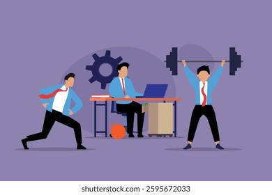 Work-Life Balance Concept with Businessmen Exercising and Working in Office 2d flat vector illustrations