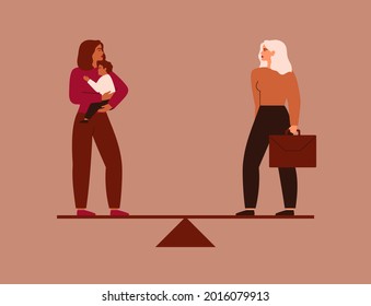 Work-life balance concept. Businesswoman and female with a baby on her hands stand on the scales. Childminder and Working mother are equal. Maternity and career vector illustration