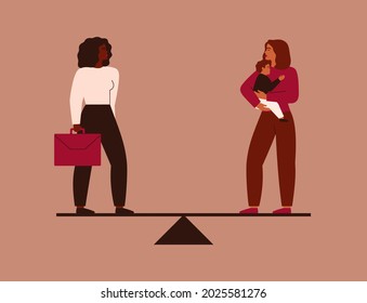 Work-life balance concept. Businesswoman and female with a baby on her hands stand on the scales. Childminder and Working mother are equal. Maternity and career vector illustration