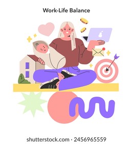 Work-Life Balance concept. A multitasking mom balances parenting and career, symbolizing the modern family's integration of work and home life. Nurturing and ambition in harmony. Vector illustration.