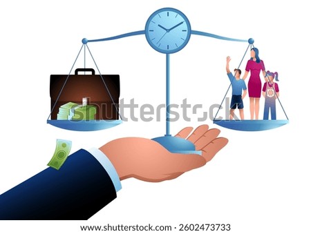 Work-life balance concept. A scale weighs money and work against family, symbolizing time management and life priorities. Themes of career, financial success, family values, and personal well-being