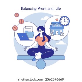 Work-life Balance concept. A serene woman meditates on a balance scale equating career and home life. Work flexibility and personal wellbeing. Vector illustration.