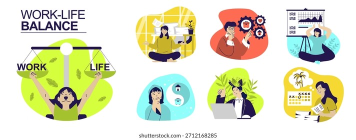Work-Life balance concept set for web design. Collection with people balancing career and family, managing wellbeing and mental health, keeping job and lifestyle in harmony. Vector illustration.