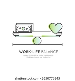 Conceito de equilíbrio entre a vida profissional e a vida pessoal com gerenciamento de tempo, produtividade, bem-estar, controle de estresse, harmonia de vida pessoal e profissional, saúde mental e estilo de vida saudável em destaque vetor ilustração ícone logotipo