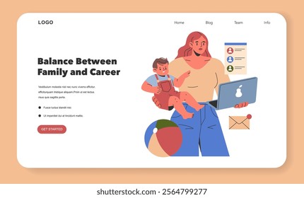 Work-life balance concept. Vector illustration of a mother multitasking with a child and laptop, juggling family and career demands.