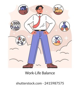 Work-Life balance. Harmonizing career and personal life for holistic body and mind harmony. Prioritizing well-being alongside professional duties. Flat vector illustration.