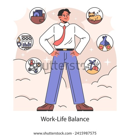 Work-Life balance. Harmonizing career and personal life for holistic body and mind harmony. Prioritizing well-being alongside professional duties. Flat vector illustration.