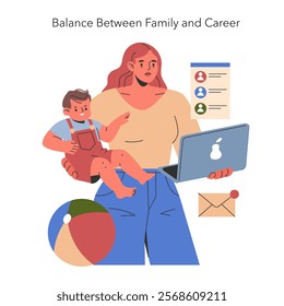 Work-life balance illustration. A multitasking woman balancing child-rearing with a professional career. Motherhood challenges, remote work, family priorities. Vector illustration.