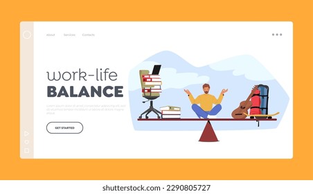 Vorlage für die Landing Page von Work-Life-Balance. Der Mensch meditiert auf Skalen zwischen Hobby und Karriere, was den Kompromiss zwischen Leidenschaft und Beruf erschwert. Vektorgrafik von Cartoon People