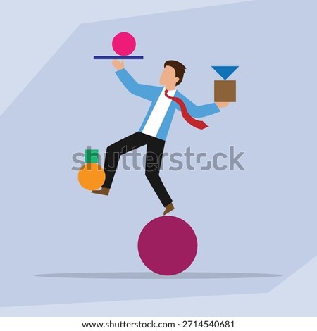 Work-Life Balance and Multitasking: Businessman Managing Complexity and Instability 2d flat vector illustration