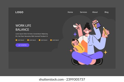 Work-life balance night or dark mode web banner or landing page. Woman balancing work and life. Successful character multitasking in all areas. Entrepreneur and housewife. Flat vector illustration