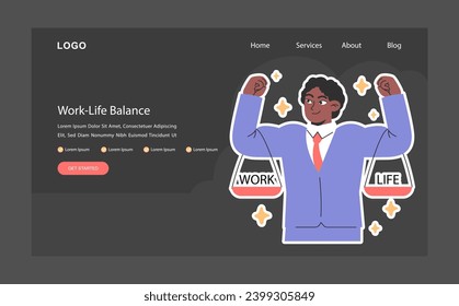Work-life balance night or dark mode web banner or landing page. Man skillfully balancing work and life. Prioritizing personal wellness. Career and personal life' equality. Flat vector illustration.