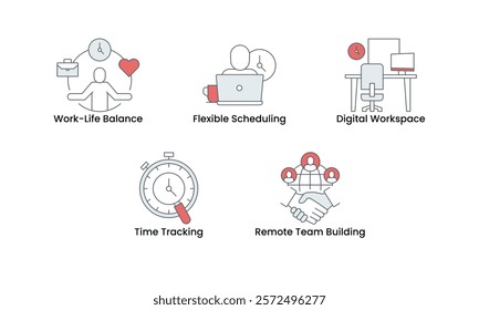 Work-Life Balance and Remote Productivity icon set. Includes Work-Life Balance, Flexible Scheduling, Digital Workspace, Time Tracking, and Remote Team Building icons. Vector icon set.

