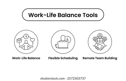 Work-Life Balance Tools icon set. Includes Work-Life Balance, Flexible Scheduling, and Remote Team Building icons. Vector icon set.