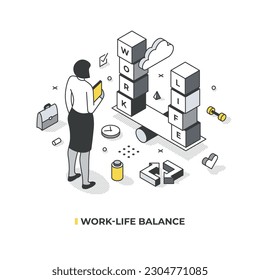 Work-life balance. Woman looking at a balanced scales with cubes and words work and life on them. Concept of finding balance between professional and personal responsibilities. Isometric illustration