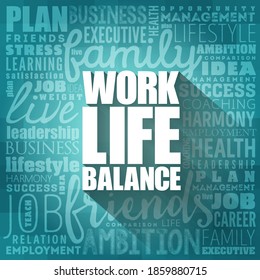 Balance de vida/trabajo collage de palabras en la nube, fondo de concepto