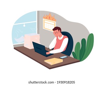 Workload 2D vector web banner, poster. Stress from deadlines. Overworked corporate employee flat character on cartoon background. Burnout from job printable patch, colorful web element