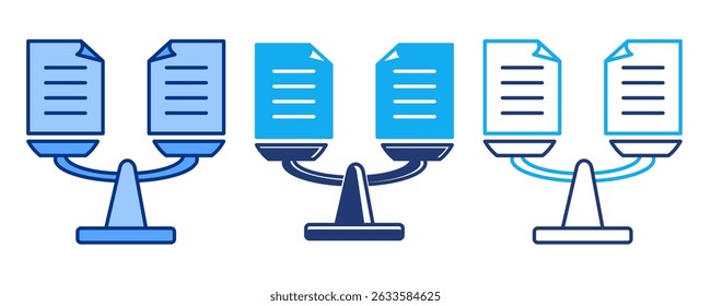 Icono de equilibrio de carga de trabajo representado por papel de tarea, escala azul, línea dual, estilo de doble tono.
