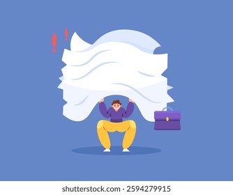 workload concept. too much and heavy work tasks and responsibilities. overwork, pressure, and problems. illustration of a worker or employee holding and lifting a lot of paper documents. flat style