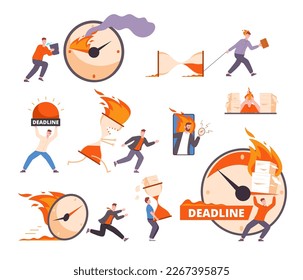 Workload deadline. Overwhelmed employees finishing burning work, rushed manager hard jobs office stress burnout depressed tired employee time pressure, vector illustration of employee deadline