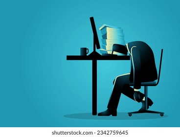 Workload exhaustion portrayed with illustration of overworked businessman napping amidst business papers, vector illustration