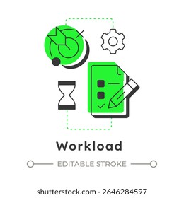 Ícone de conceito linear moderno da carga de trabalho. Gerenciamento de tarefas. Verificação de documentos, papelada. Meta de negócios. Elementos de contorno plano conectados com linhas pontilhadas. Visual criativo. Fácil de editar