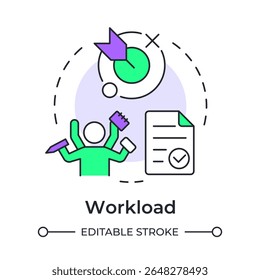 Icono de concepto multicolor de carga de trabajo. Gestión de tareas. Verificación de documentos, papeleo. Objetivo comercial. Ilustración de línea de forma redonda. Abstractas idea. Diseño gráfico. Fácil de usar en el artículo, post de blog